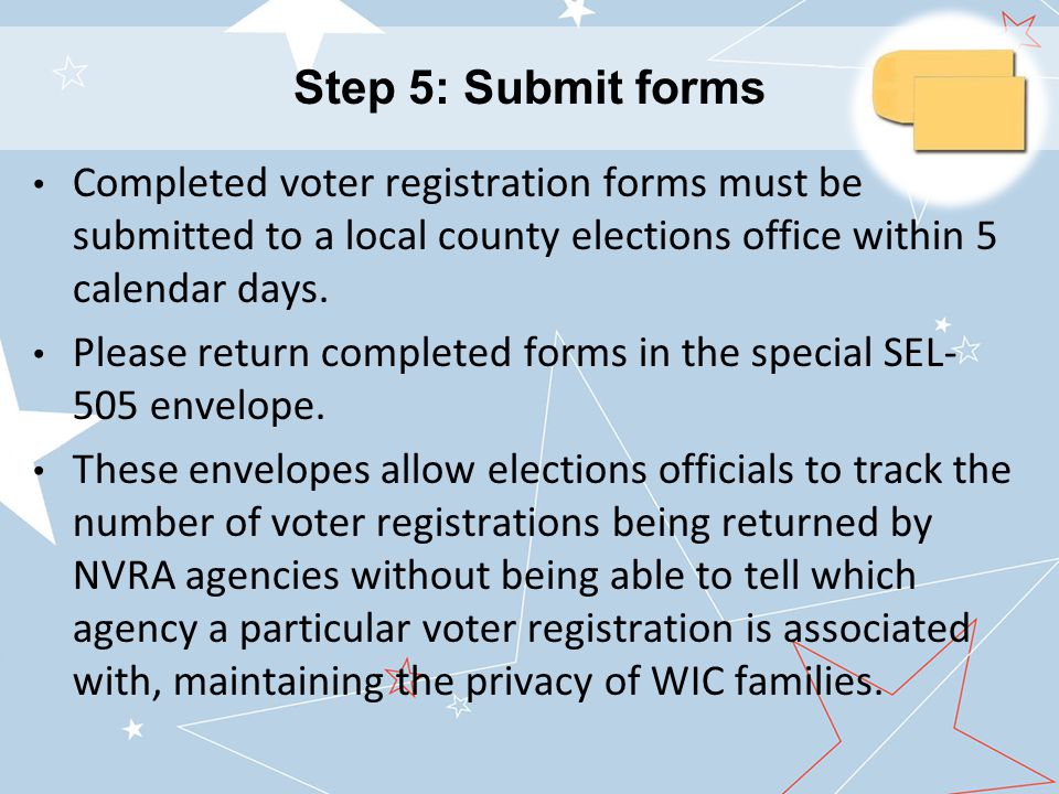 Completed voter registration forms must be submitted to a local county elections office within 5 calendar days.