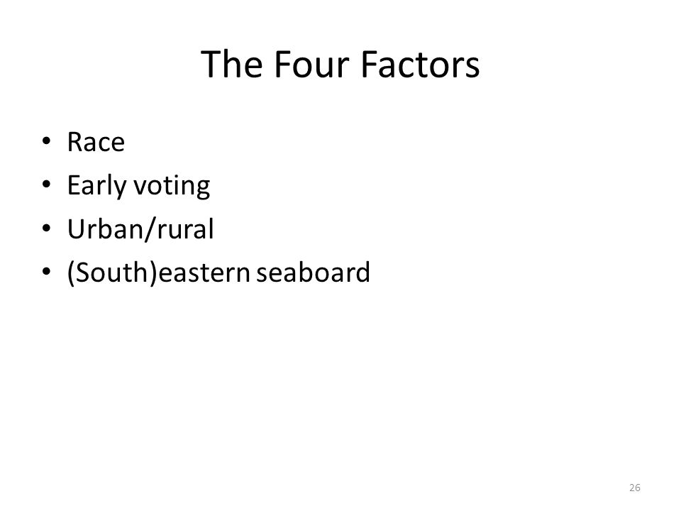 The Four Factors Race Early voting Urban/rural (South)eastern seaboard 26