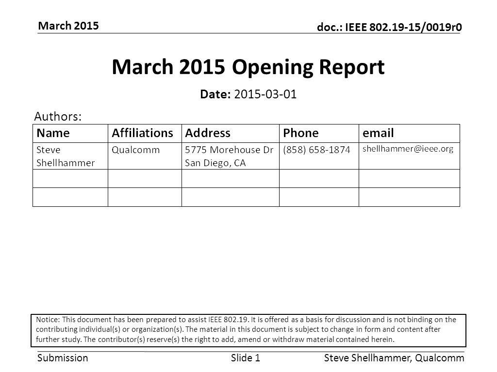 Submission doc.: IEEE /0019r0 March 2015 Steve Shellhammer, QualcommSlide 1 March 2015 Opening Report Date: Authors: Notice: This document has been prepared to assist IEEE