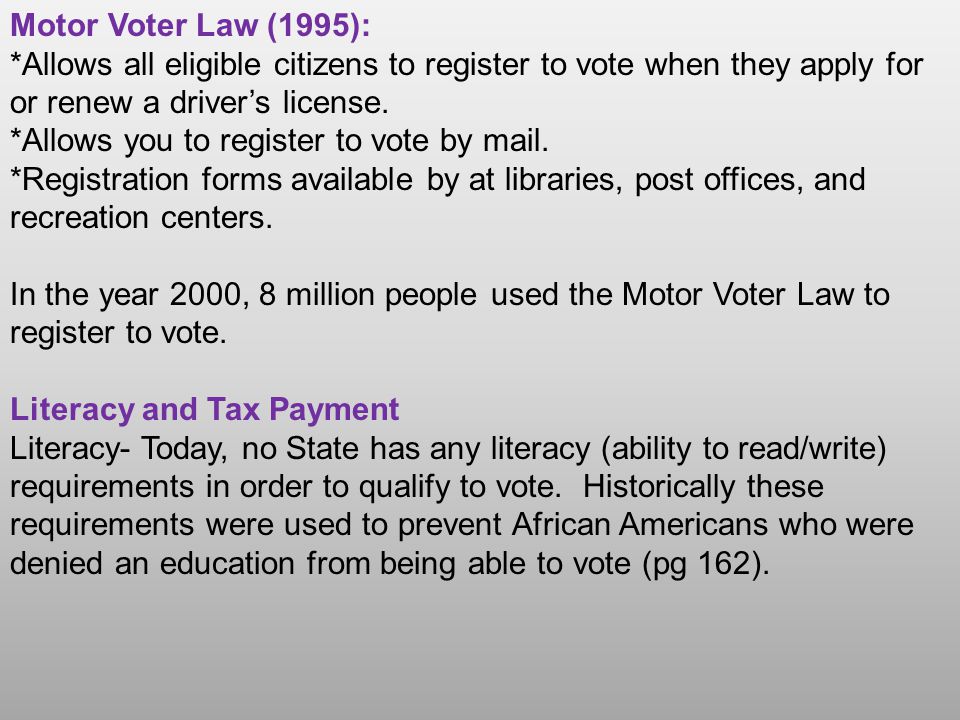 Motor Voter Law (1995): *Allows all eligible citizens to register to vote when they apply for or renew a driver’s license.