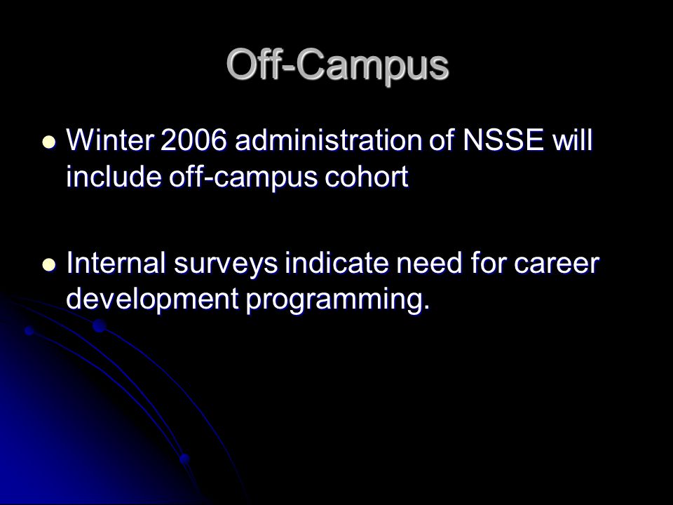 Off-Campus Winter 2006 administration of NSSE will include off-campus cohort Winter 2006 administration of NSSE will include off-campus cohort Internal surveys indicate need for career development programming.