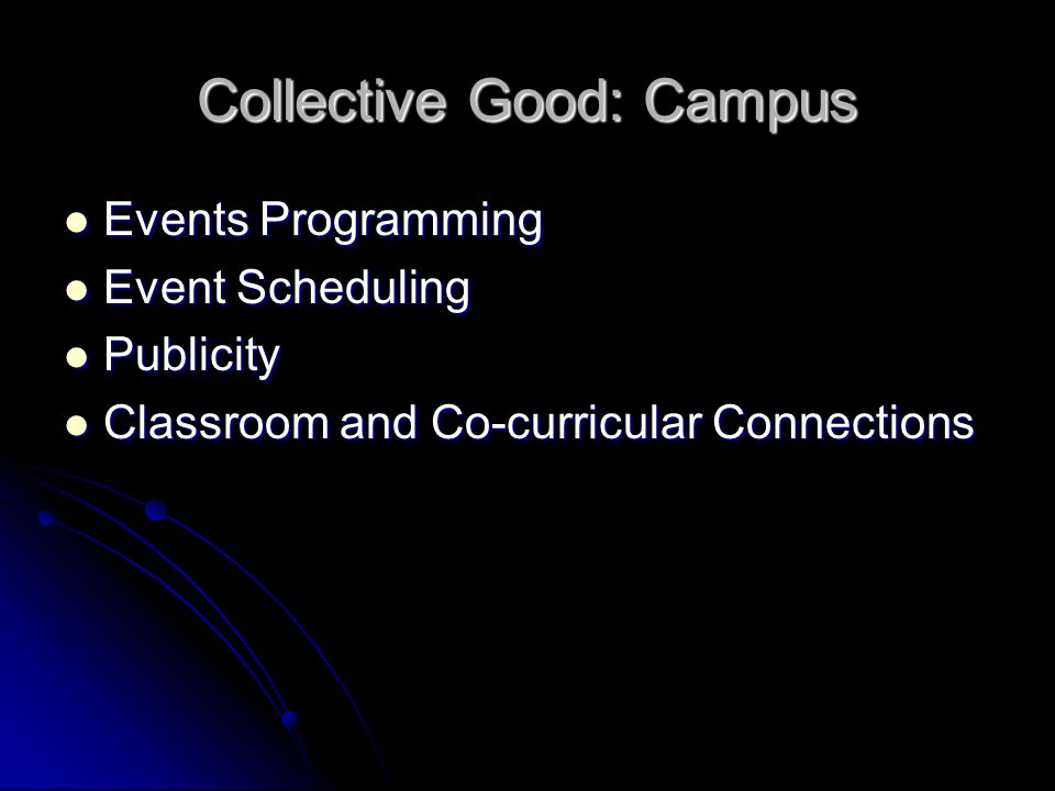 Collective Good: Campus Events Programming Events Programming Event Scheduling Event Scheduling Publicity Publicity Classroom and Co-curricular Connections Classroom and Co-curricular Connections