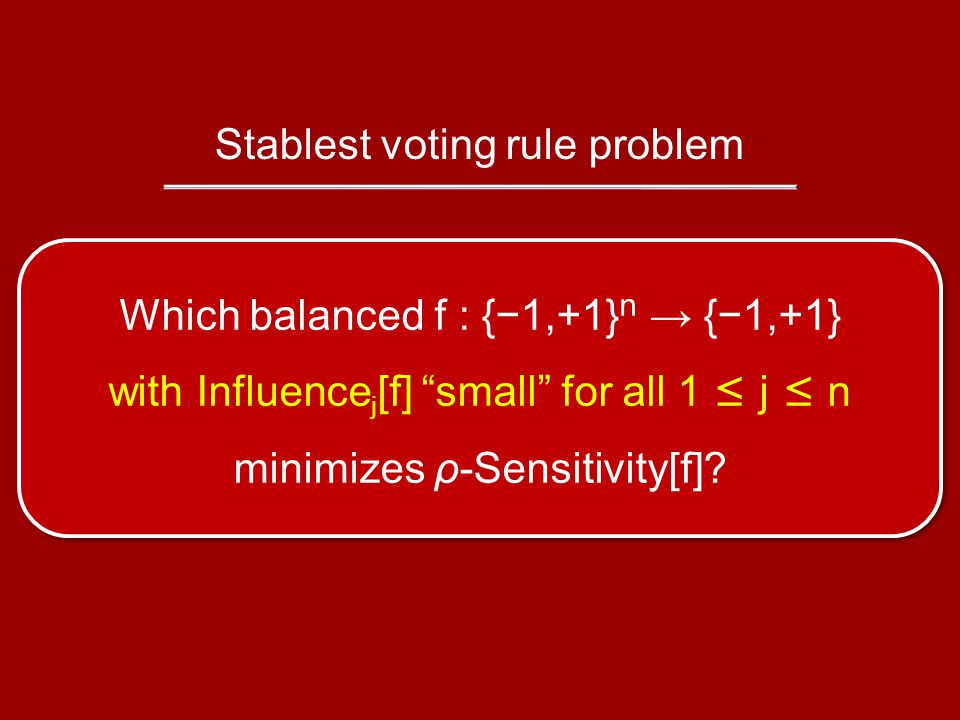 Which balanced f : {−1,+1} n → {−1,+1} with Influence j [f] small for all 1 ≤ j ≤ n minimizes ρ-Sensitivity[f].