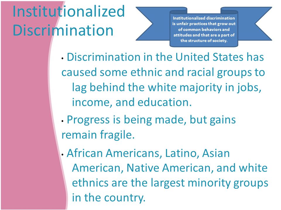 Institutionalized Discrimination Institutionalized discrimination is unfair practices that grow out of common behaviors and attitudes and that are a part of the structure of society.