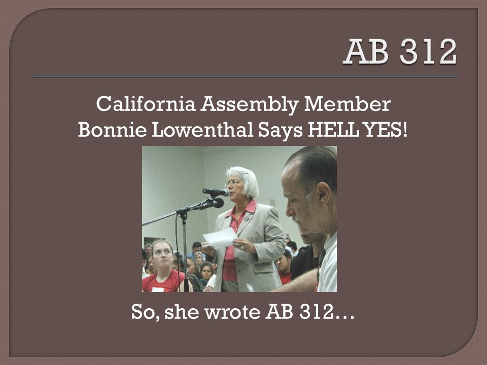 California Assembly Member Bonnie Lowenthal Says HELL YES! So, she wrote AB 312…