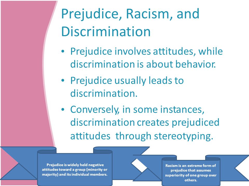 Prejudice, Racism, and Discrimination Prejudice involves attitudes, while discrimination is about behavior.
