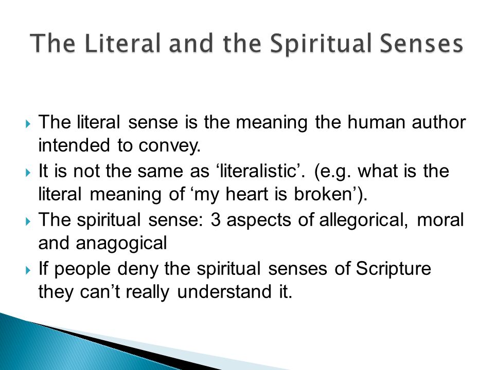 The literal sense is the meaning the human author intended to convey.  It  is not the same as 'literalistic'. (e.g. what is the literal meaning of  'my. - ppt download
