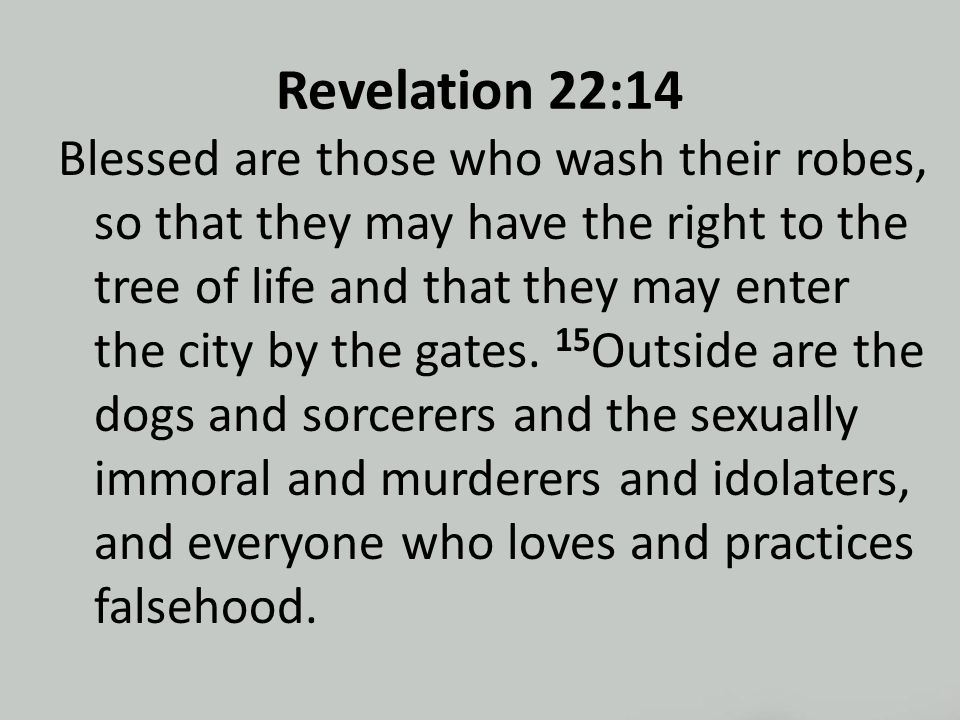Revelation 22:14 Blessed are those who wash their robes, so that they may have the right to the tree of life and that they may enter the city by the gates.