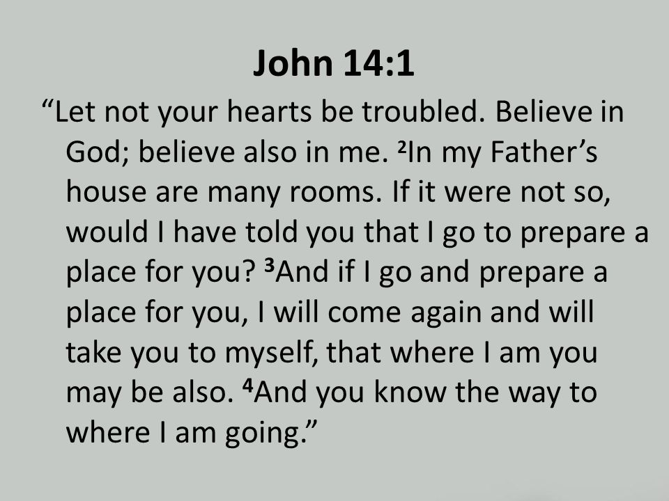 John 14:1 Let not your hearts be troubled. Believe in God; believe also in me.