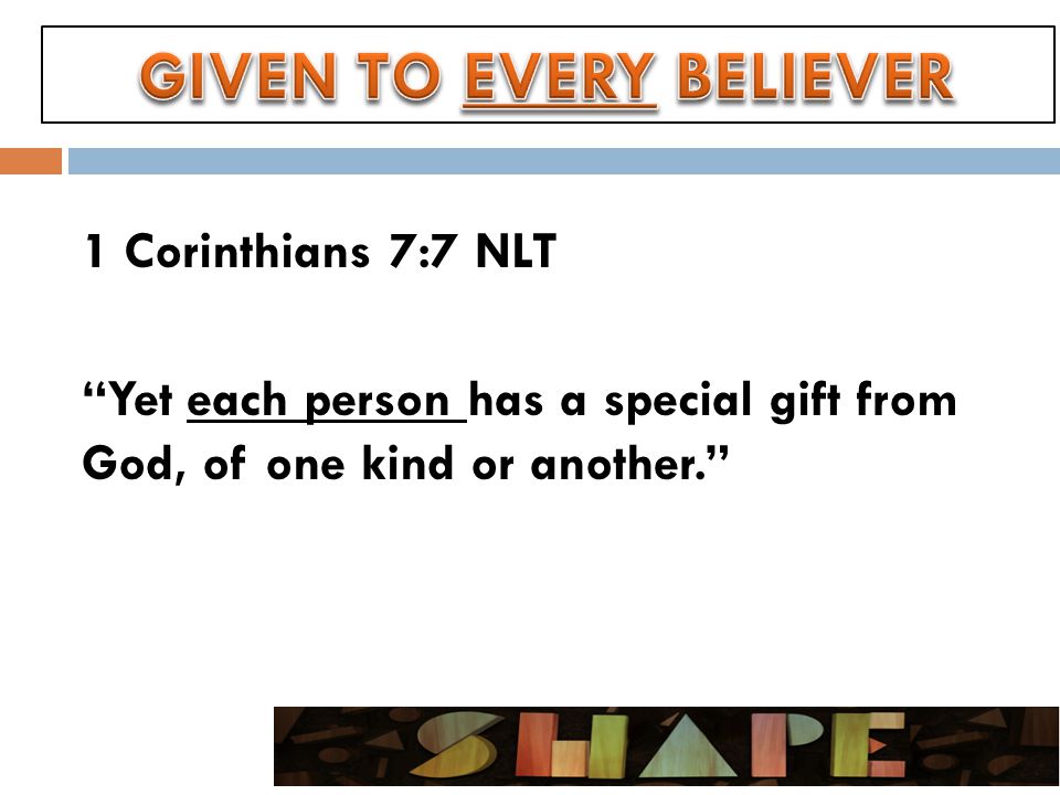 1 Corinthians 7:7 NLT Yet each person has a special gift from God, of one kind or another.