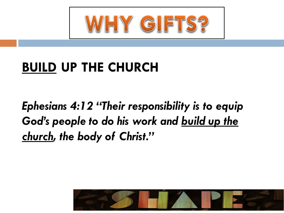 BUILD UP THE CHURCH Ephesians 4:12 Their responsibility is to equip God’s people to do his work and build up the church, the body of Christ.