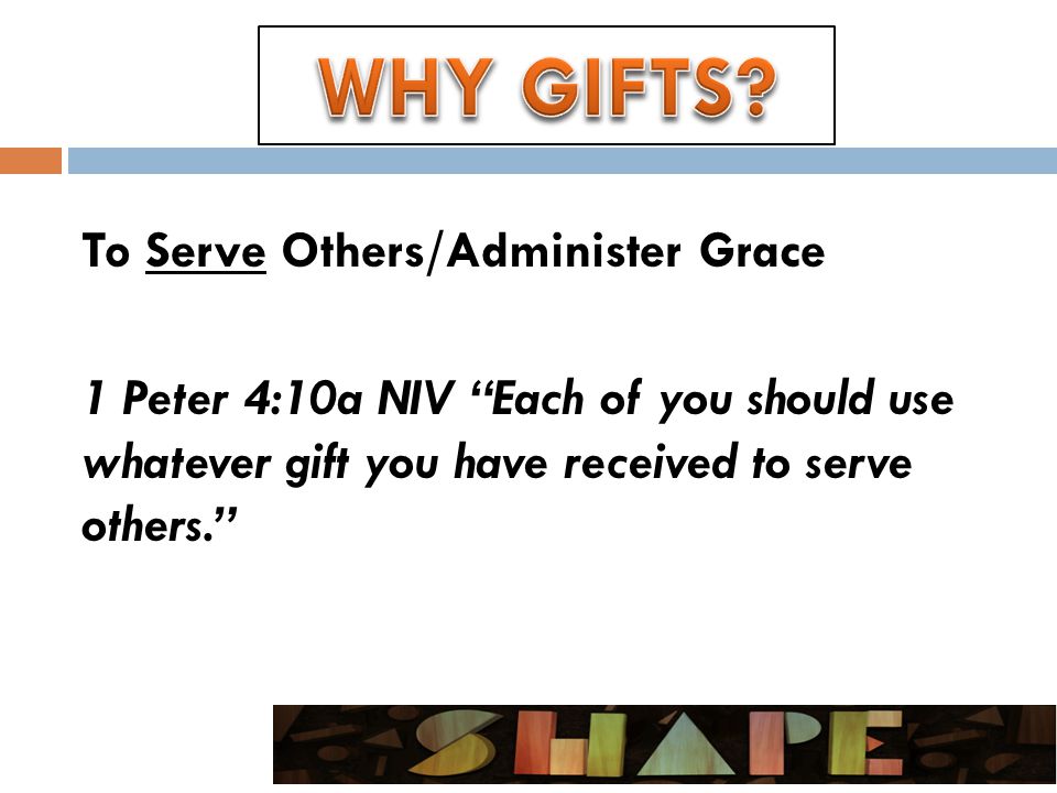 To Serve Others/Administer Grace 1 Peter 4:10a NIV Each of you should use whatever gift you have received to serve others.