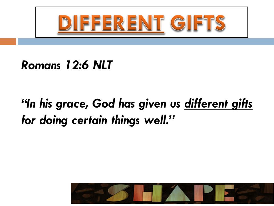 Romans 12:6 NLT In his grace, God has given us different gifts for doing certain things well.