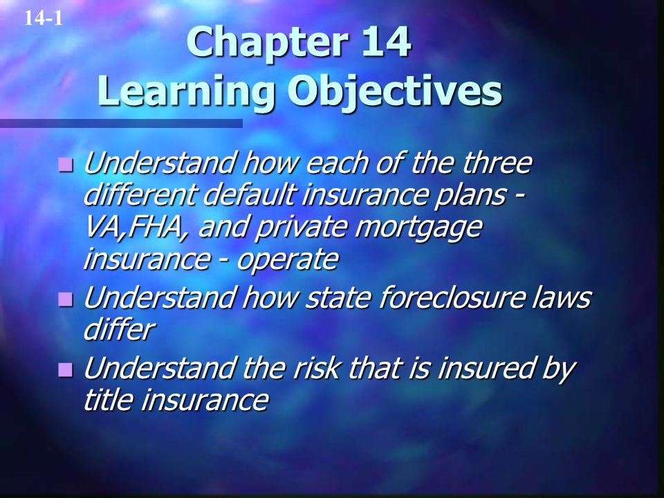 Chapter 14 Learning Objectives Understand how each of the three different default insurance plans - VA,FHA, and private mortgage insurance - operate Understand how each of the three different default insurance plans - VA,FHA, and private mortgage insurance - operate Understand how state foreclosure laws differ Understand how state foreclosure laws differ Understand the risk that is insured by title insurance Understand the risk that is insured by title insurance 14-1