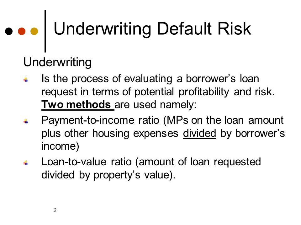 © 2005 The McGraw-Hill Companies, Inc., All Rights Reserved McGraw-Hill/Irwin Slide 2 2 Underwriting Default Risk Underwriting Is the process of evaluating a borrower’s loan request in terms of potential profitability and risk.