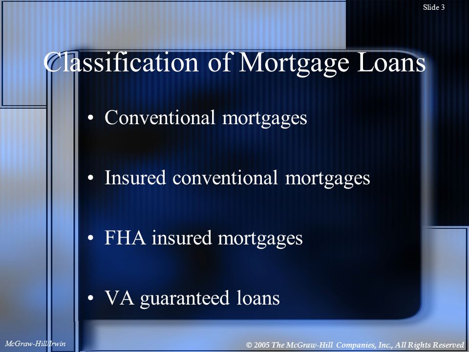 © 2005 The McGraw-Hill Companies, Inc., All Rights Reserved McGraw-Hill/Irwin Slide 3 Classification of Mortgage Loans Conventional mortgages Insured conventional mortgages FHA insured mortgages VA guaranteed loans