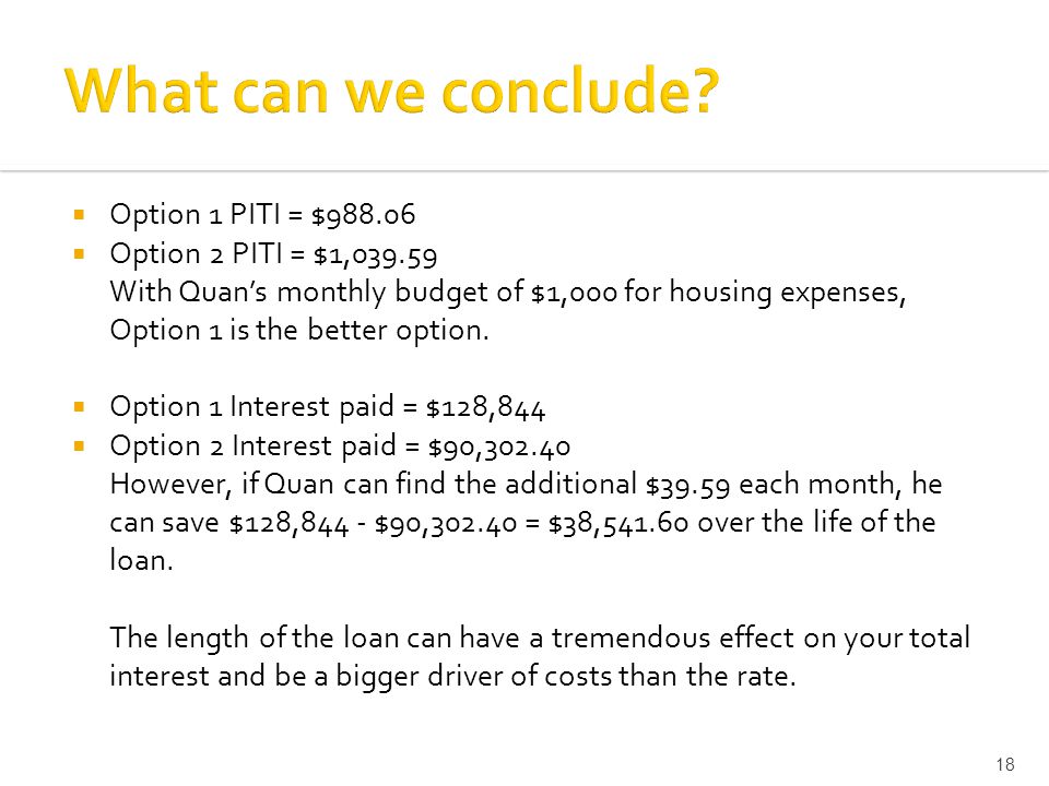  Option 1 PITI = $  Option 2 PITI = $1, With Quan’s monthly budget of $1,000 for housing expenses, Option 1 is the better option.