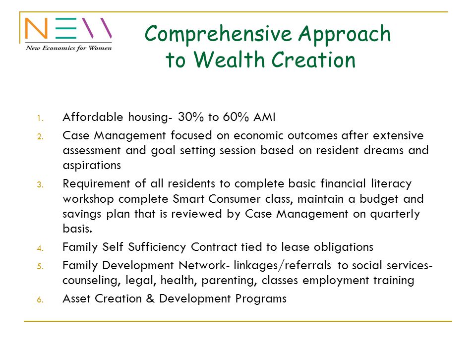 Comprehensive Approach to Wealth Creation 1. Affordable housing- 30% to 60% AMI 2.