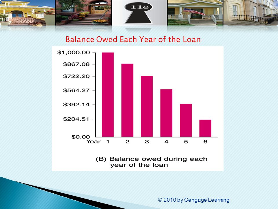 © 2010 by Cengage Learning Balance Owed Each Year of the Loan