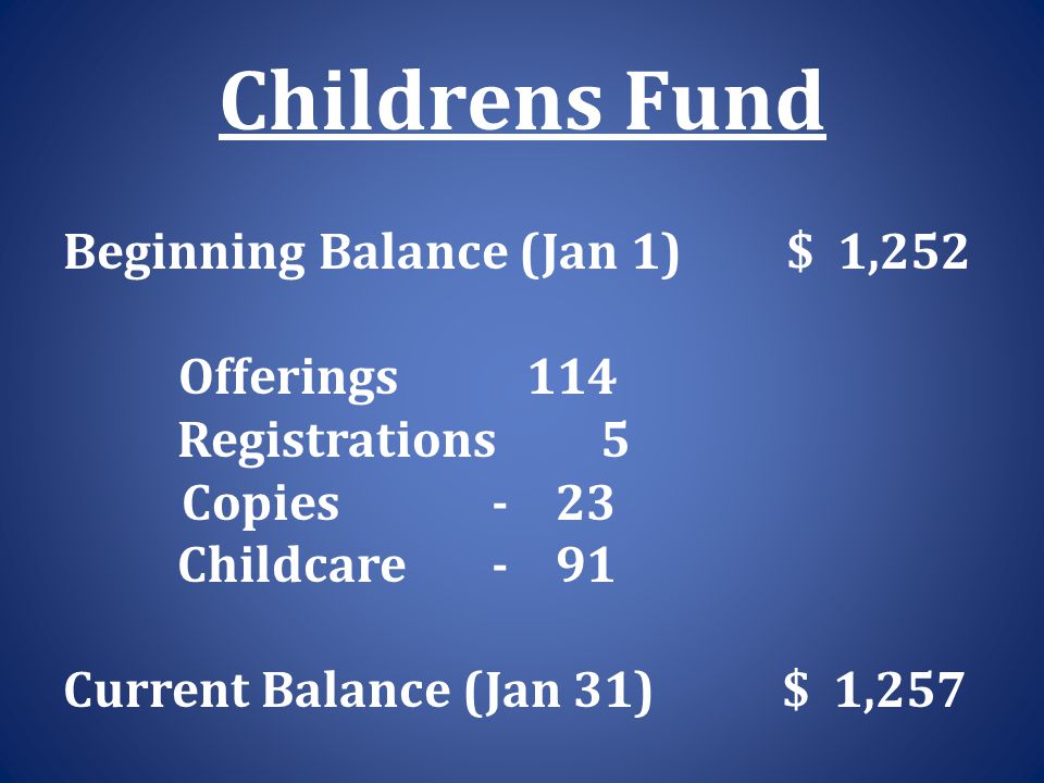 Childrens Fund Beginning Balance (Jan 1) $ 1,252 Offerings 114 Registrations 5 Copies - 23 Childcare - 91 Current Balance (Jan 31) $ 1,257