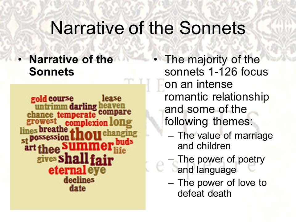 Narrative of the Sonnets The majority of the sonnets focus on an intense romantic relationship and some of the following themes: –The value of marriage and children –The power of poetry and language –The power of love to defeat death