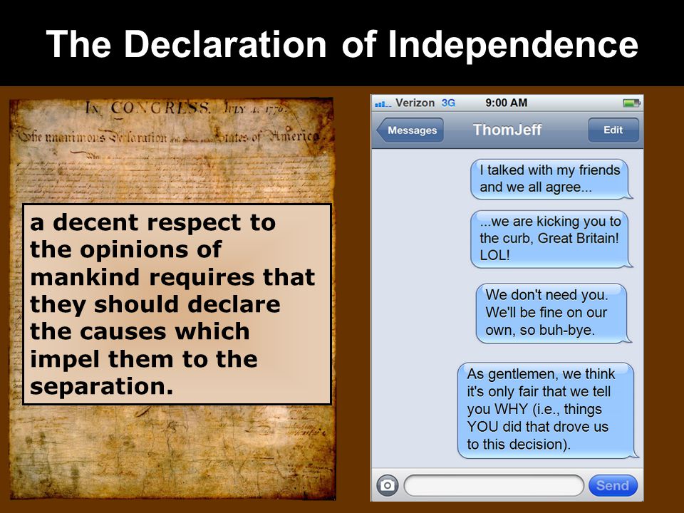 The Declaration of Independence a decent respect to the opinions of mankind requires that they should declare the causes which impel them to the separation.