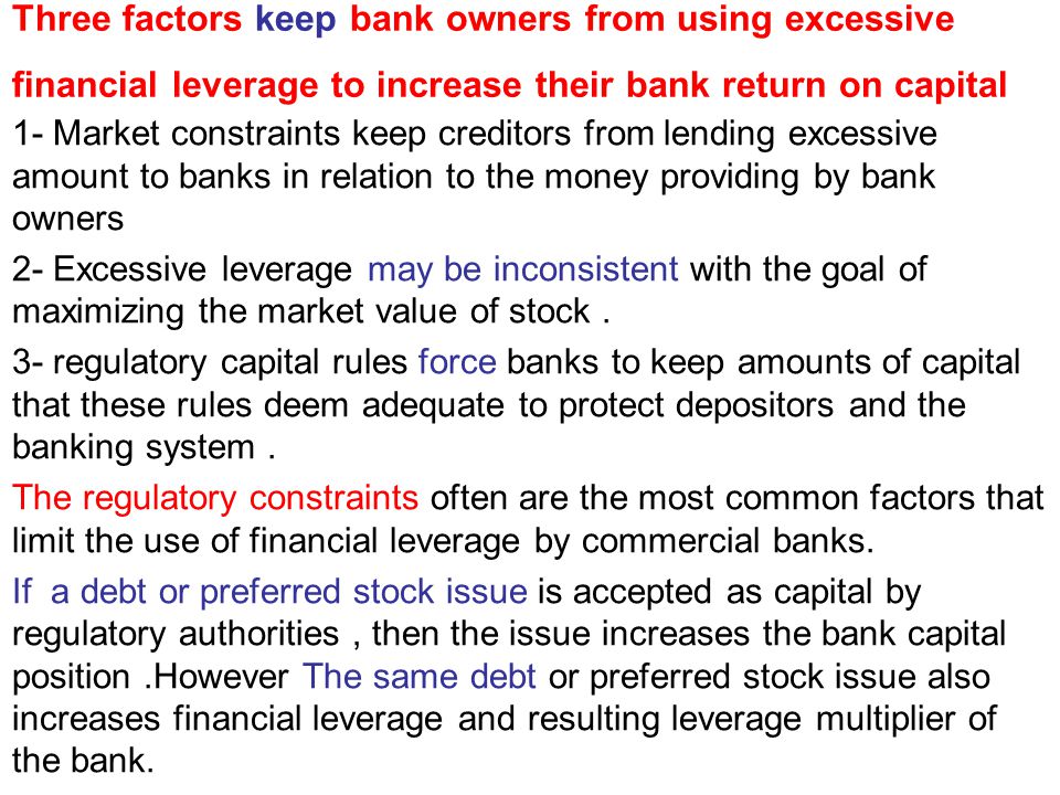 Three factors keep bank owners from using excessive financial leverage to increase their bank return on capital 1- Market constraints keep creditors from lending excessive amount to banks in relation to the money providing by bank owners 2- Excessive leverage may be inconsistent with the goal of maximizing the market value of stock.