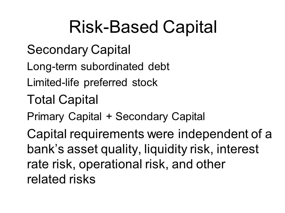 Risk-Based Capital Secondary Capital Long-term subordinated debt Limited-life preferred stock Total Capital Primary Capital + Secondary Capital Capital requirements were independent of a bank’s asset quality, liquidity risk, interest rate risk, operational risk, and other related risks