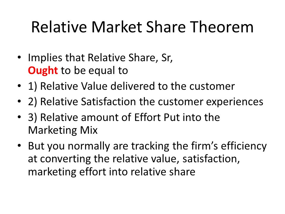 Relative Market Share Theorem Implies that Relative Share, Sr, Ought to be equal to 1) Relative Value delivered to the customer 2) Relative Satisfaction the customer experiences 3) Relative amount of Effort Put into the Marketing Mix But you normally are tracking the firm’s efficiency at converting the relative value, satisfaction, marketing effort into relative share
