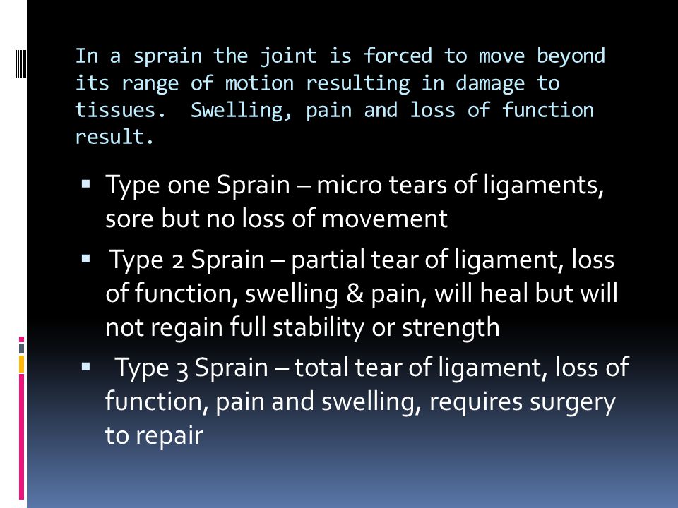 In a sprain the joint is forced to move beyond its range of motion resulting in damage to tissues.