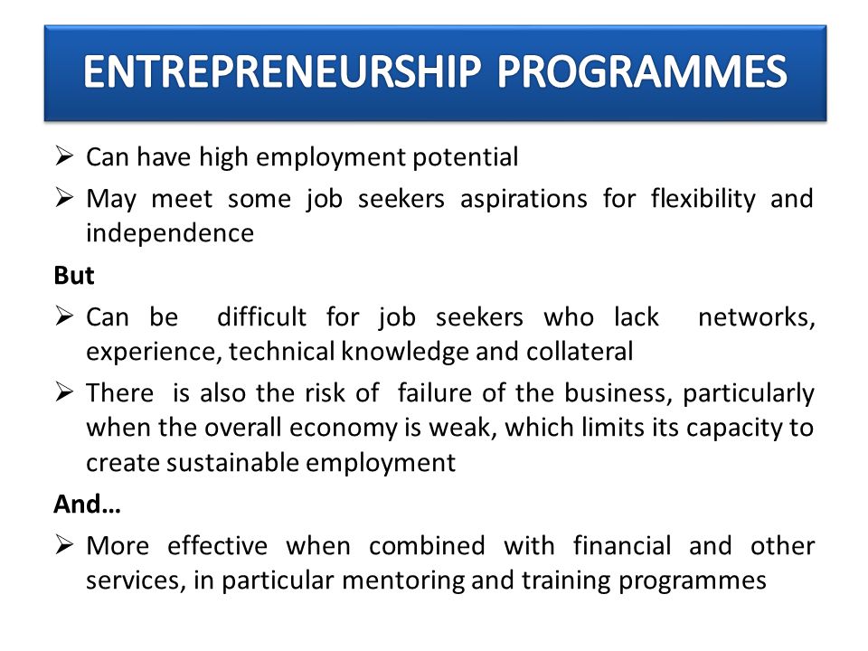  Can have high employment potential  May meet some job seekers aspirations for flexibility and independence But  Can be difficult for job seekers who lack networks, experience, technical knowledge and collateral  There is also the risk of failure of the business, particularly when the overall economy is weak, which limits its capacity to create sustainable employment And…  More effective when combined with financial and other services, in particular mentoring and training programmes