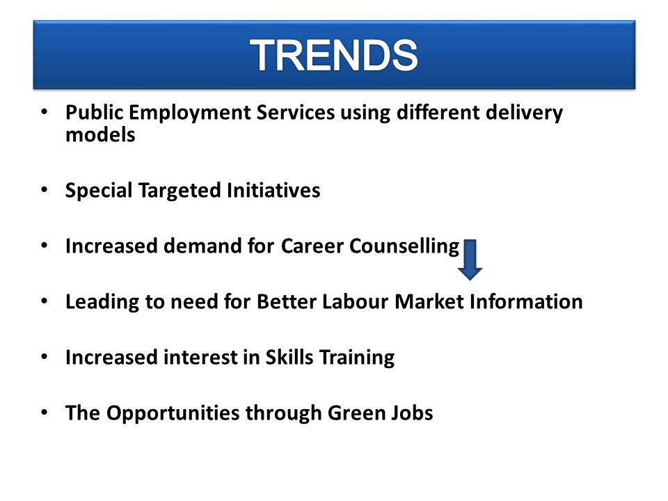 Public Employment Services using different delivery models Special Targeted Initiatives Increased demand for Career Counselling Leading to need for Better Labour Market Information Increased interest in Skills Training The Opportunities through Green Jobs