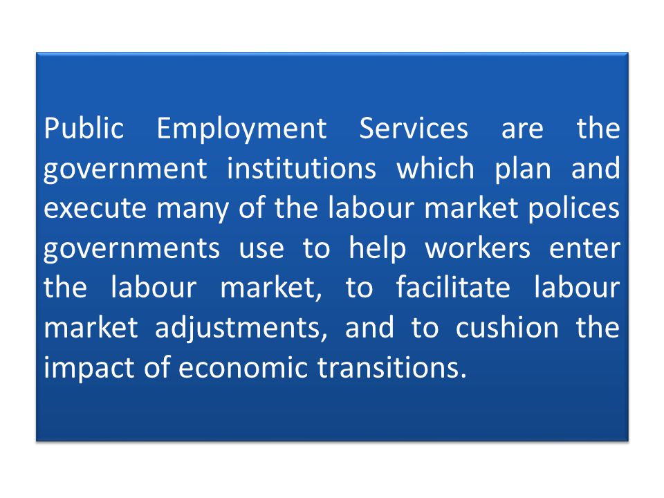 Public Employment Services are the government institutions which plan and execute many of the labour market polices governments use to help workers enter the labour market, to facilitate labour market adjustments, and to cushion the impact of economic transitions.