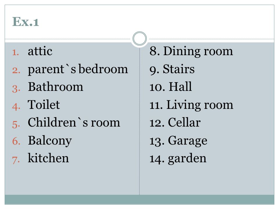 Ex.1 1. attic 2. parent`s bedroom 3. Bathroom 4.