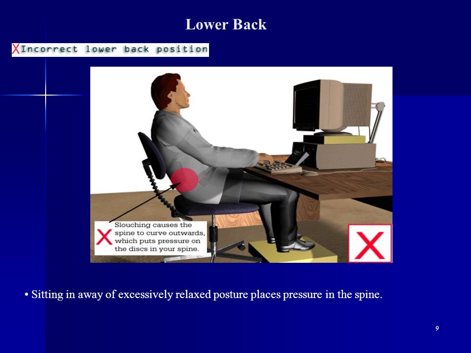 9 Lower Back Sitting in away of excessively relaxed posture places pressure in the spine.
