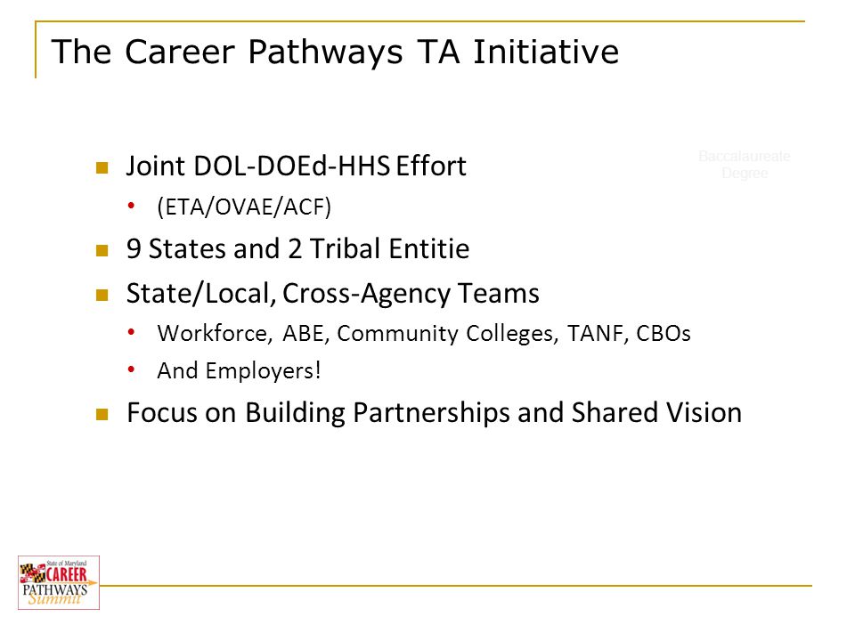 The Career Pathways TA Initiative Baccalaureate Degree Joint DOL-DOEd-HHS Effort (ETA/OVAE/ACF) 9 States and 2 Tribal Entitie State/Local, Cross-Agency Teams Workforce, ABE, Community Colleges, TANF, CBOs And Employers.