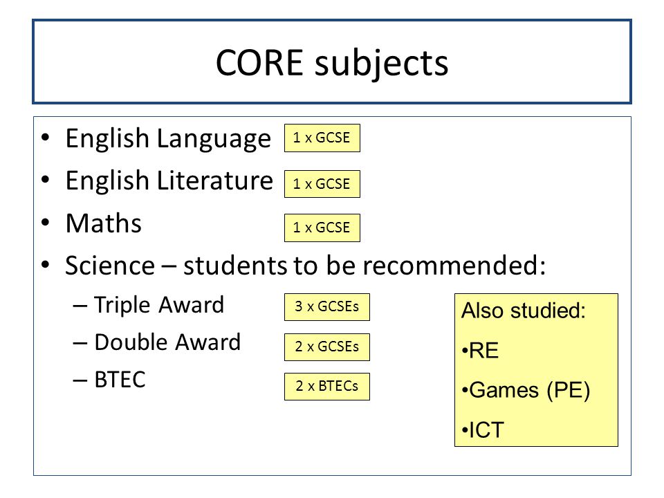 CORE subjects English Language English Literature Maths Science – students to be recommended: – Triple Award – Double Award – BTEC 1 x GCSE 3 x GCSEs 2 x GCSEs 2 x BTECs Also studied: RE Games (PE) ICT