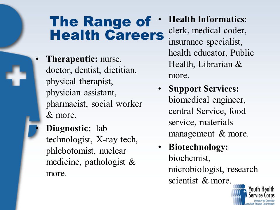 The Range of Health Careers Therapeutic: nurse, doctor, dentist, dietitian, physical therapist, physician assistant, pharmacist, social worker & more.