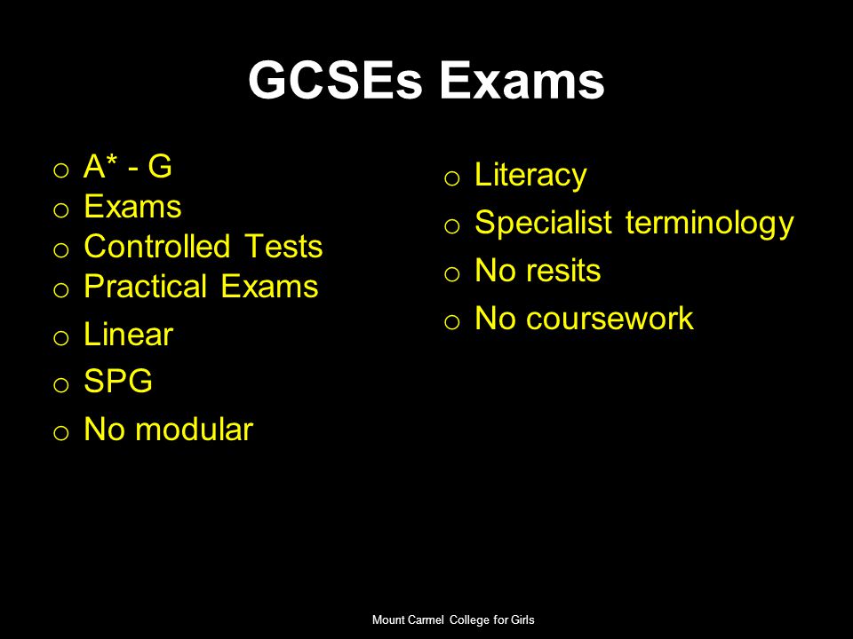 Core GCSEs- Compulsory English Language & Literature Mathematics Additional Science Religious Education (RE) NO EXAMINATIONS Personal Social Health & Citizenship Education (PSHCE) Physical Education (PE) Mount Carmel College for Girls