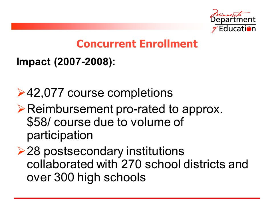 Concurrent Enrollment Impact ( ):  42,077 course completions  Reimbursement pro-rated to approx.