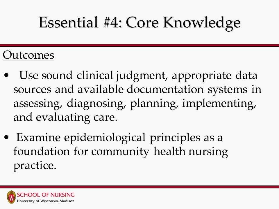 Essential #4: Core Knowledge Outcomes Use sound clinical judgment, appropriate data sources and available documentation systems in assessing, diagnosing, planning, implementing, and evaluating care.