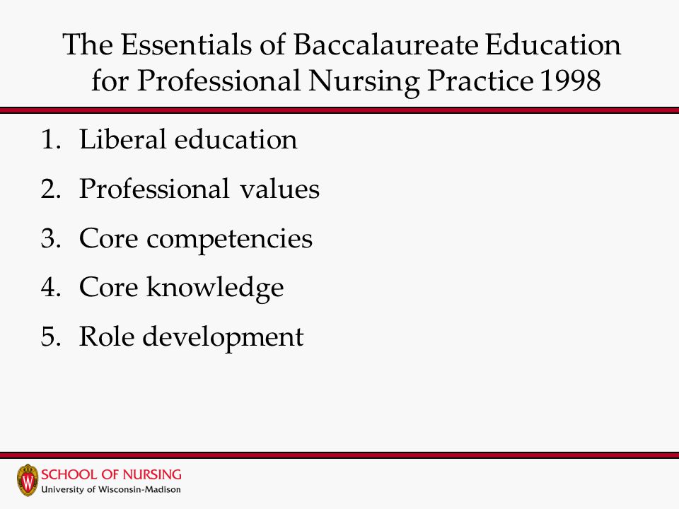 1.Liberal education 2.Professional values 3.Core competencies 4.Core knowledge 5.Role development The Essentials of Baccalaureate Education for Professional Nursing Practice 1998