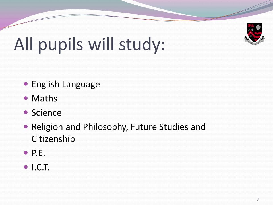 All pupils will study: English Language Maths Science Religion and Philosophy, Future Studies and Citizenship P.E.