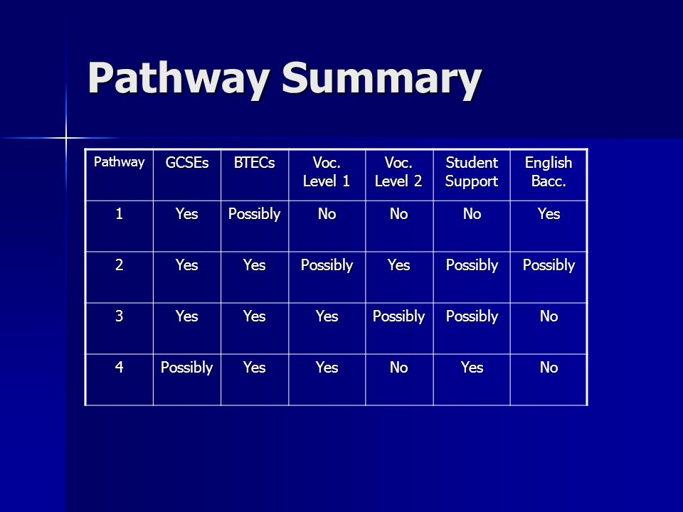 Pathway Summary PathwayGCSEsBTECs Voc. Level 1 Voc.