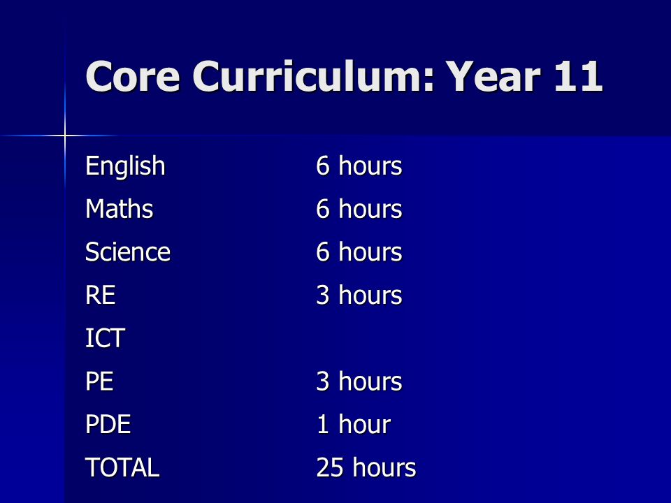 Core Curriculum: Year 11 English 6 hours Maths Science RE 3 hours ICT PE PDE 1 hour TOTAL 25 hours