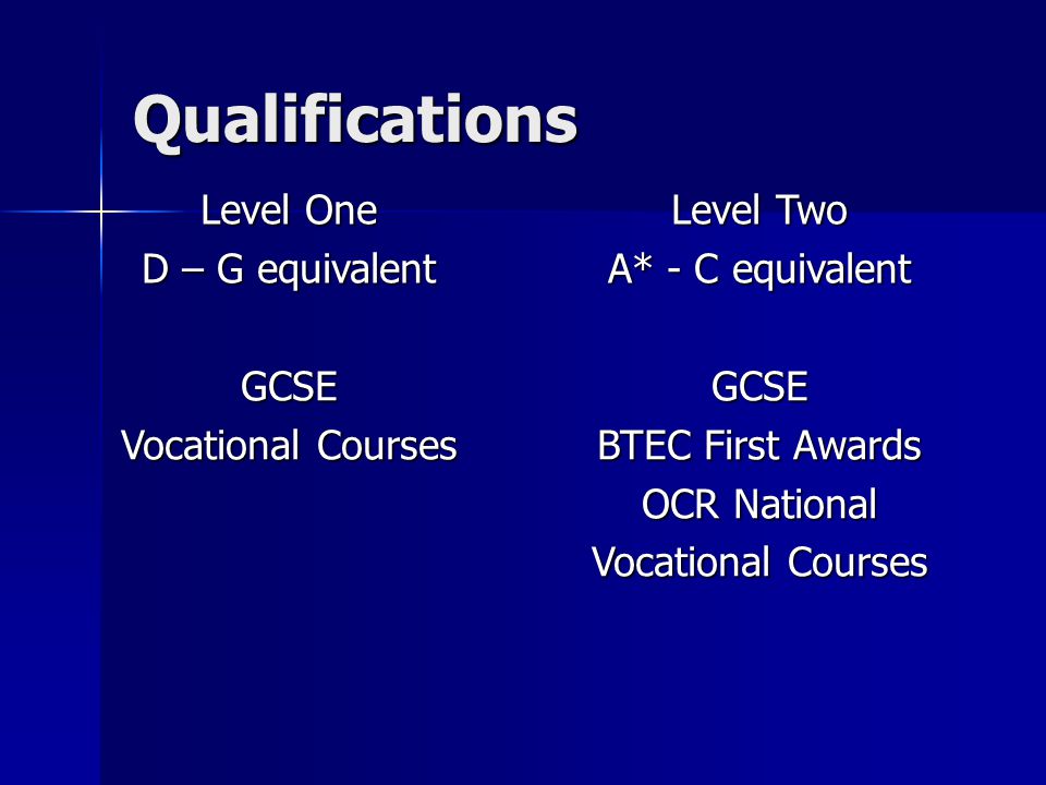Qualifications Level One D – G equivalent Level Two A* - C equivalent GCSE Vocational Courses GCSE BTEC First Awards OCR National Vocational Courses