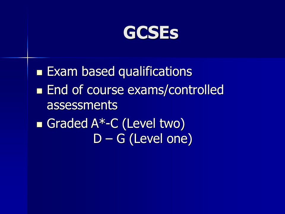 GCSEs Exam based qualifications Exam based qualifications End of course exams/controlled assessments End of course exams/controlled assessments Graded A*-C (Level two) D – G (Level one) Graded A*-C (Level two) D – G (Level one)