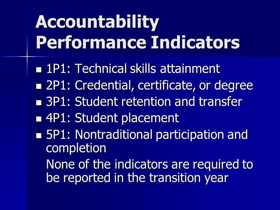 Accountability Performance Indicators 1P1: Technical skills attainment 1P1: Technical skills attainment 2P1: Credential, certificate, or degree 2P1: Credential, certificate, or degree 3P1: Student retention and transfer 3P1: Student retention and transfer 4P1: Student placement 4P1: Student placement 5P1: Nontraditional participation and completion 5P1: Nontraditional participation and completion None of the indicators are required to be reported in the transition year