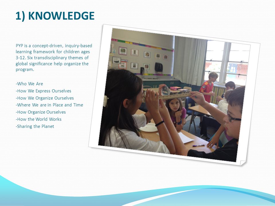 1) KNOWLEDGE PYP is a concept-driven, inquiry-based learning framework for children ages 3-12.