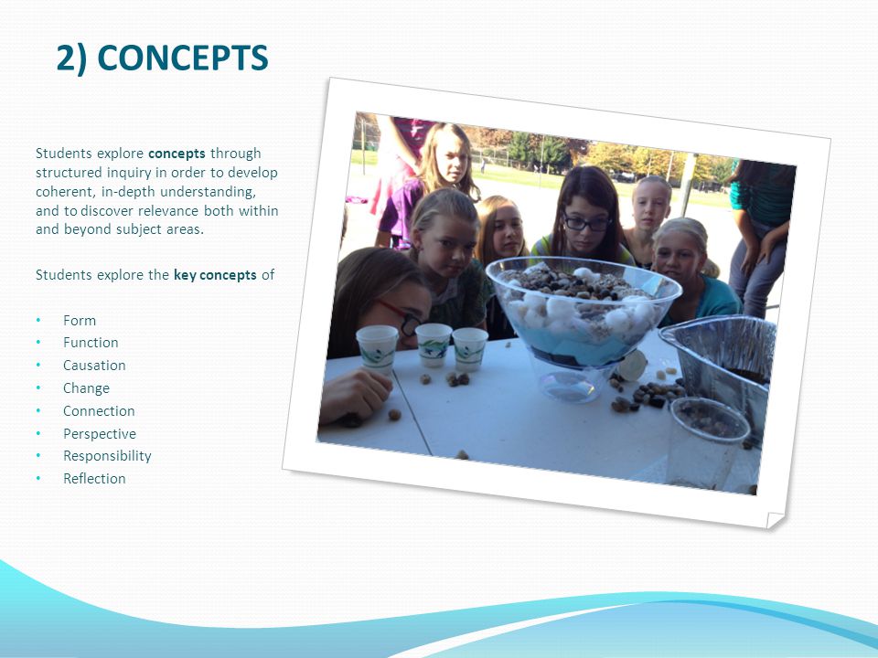 2) CONCEPTS Students explore concepts through structured inquiry in order to develop coherent, in-depth understanding, and to discover relevance both within and beyond subject areas.